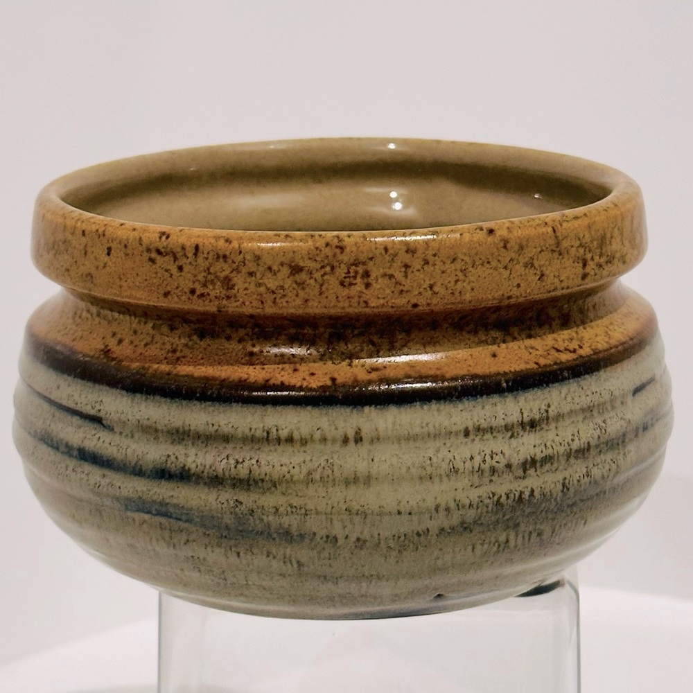 Vintage Studio Pottery Bowl With Brown/Light Green Drip Glaze-Artist Signed (999
